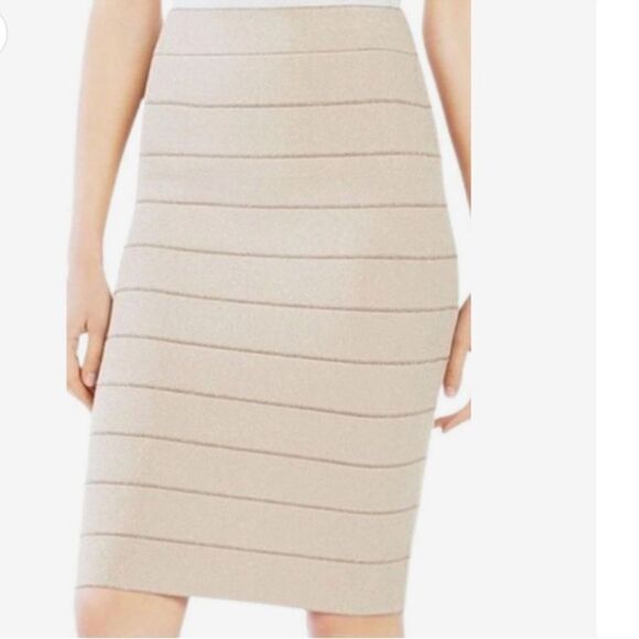 BCBG XS Cream Metallic Gold Bandage Bodycon High Waist Pull On Pencil Skirt - Picture 2 of 10